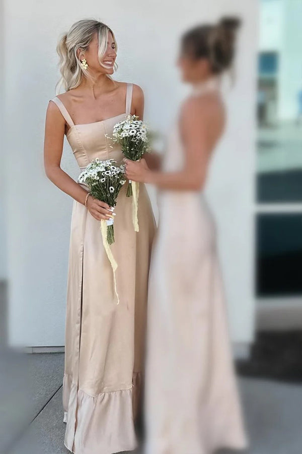 Lace Up A-Line Champagne Bridesmaid Dress with Slit BD122-Pgmdress