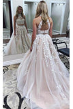 Lace Appliquéd Two Piece Prom Dress Long Halter Party Dress PG727