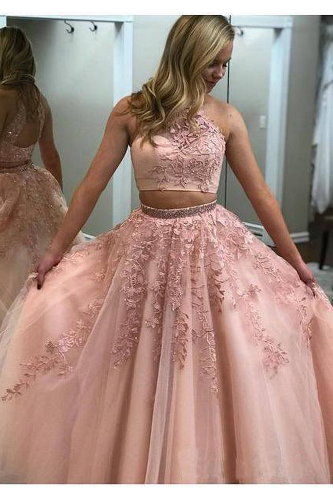 Lace Appliqud Two Piece Prom Dress Long Halter Party Dress PG727 US6 / Dusty Rose Lace Appliqud Two Piece Prom Dress Long Halter Party Dress PG727 US6 / Dusty Rose