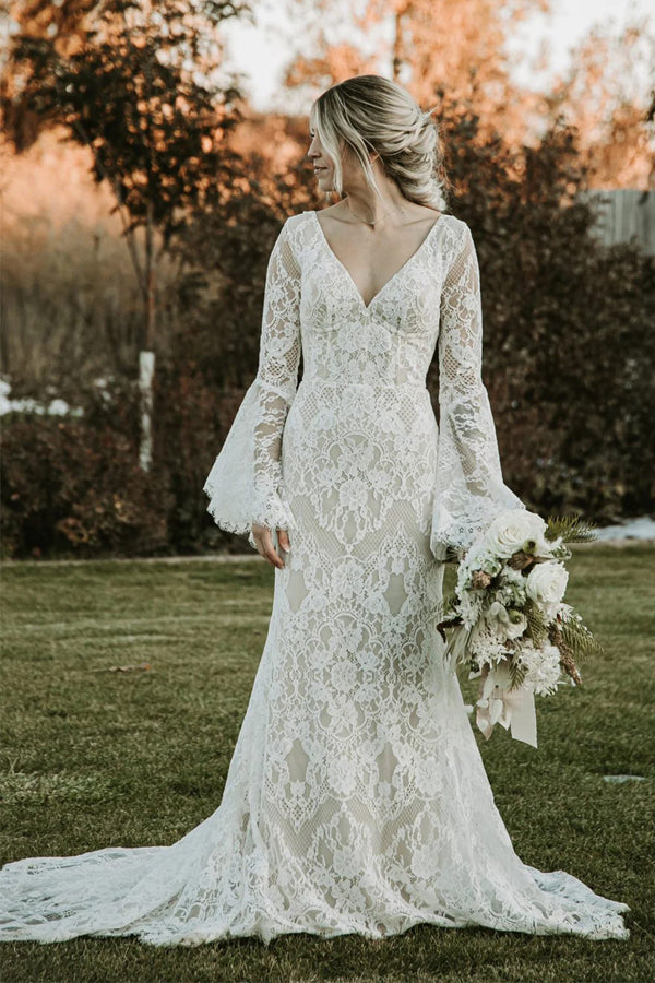Lace Mermaid V-neck Long Sleeves Bohemian Wedding Dress WD652-Pgmdress