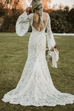 Lace Mermaid V-neck Long Sleeves Bohemian Wedding Dress WD652-Pgmdress