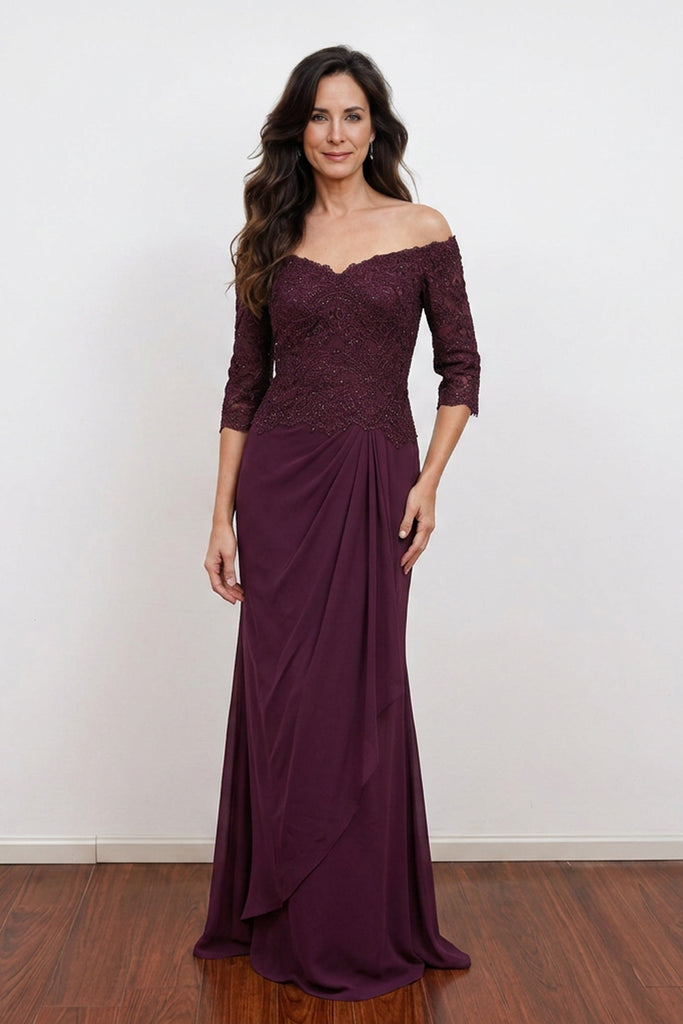 Elegant Lace Off-Shoulder Mother of the Bride Dress with Draped Skirt-Pgmdress