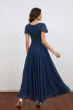 Lace Sequin Short Sleeve Chiffon Navy Blue Mother of the Bride Dress-Pgmdress