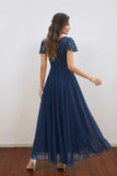 Lace Sequin Short Sleeve Chiffon Navy Blue Mother of the Bride Dress-Pgmdress