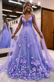 Lavender 3D Floral Lace A Line Sleeves Long Prom Dresses  PSK446