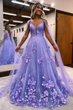 Lavender 3D Floral Lace A Line Sleeves Long Prom Dresses  PSK446-Pgmdress