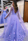 Lavender 3D Floral Lace A Line Sleeves Long Prom Dresses  PSK446-Pgmdress