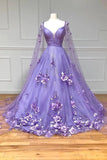 Lavender 3D Floral Lace A Line Sleeves Long Prom Dresses  PSK446-Pgmdress