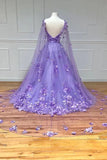 Lavender 3D Floral Lace A Line Sleeves Long Prom Dresses  PSK446-Pgmdress