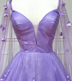 Lavender 3D Floral Lace A Line Sleeves Long Prom Dresses  PSK446-Pgmdress