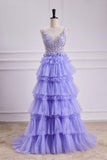 Lavender Plunging V Neck Floral Layers A-line Long Prom Dress PSK558