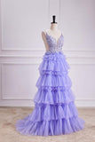 Lavender Plunging V Neck Floral Layers A-line Long Prom Dress PSK558-Pgmdress