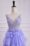 Lavender Plunging V Neck Floral Layers A-line Long Prom Dress PSK558-Pgmdress