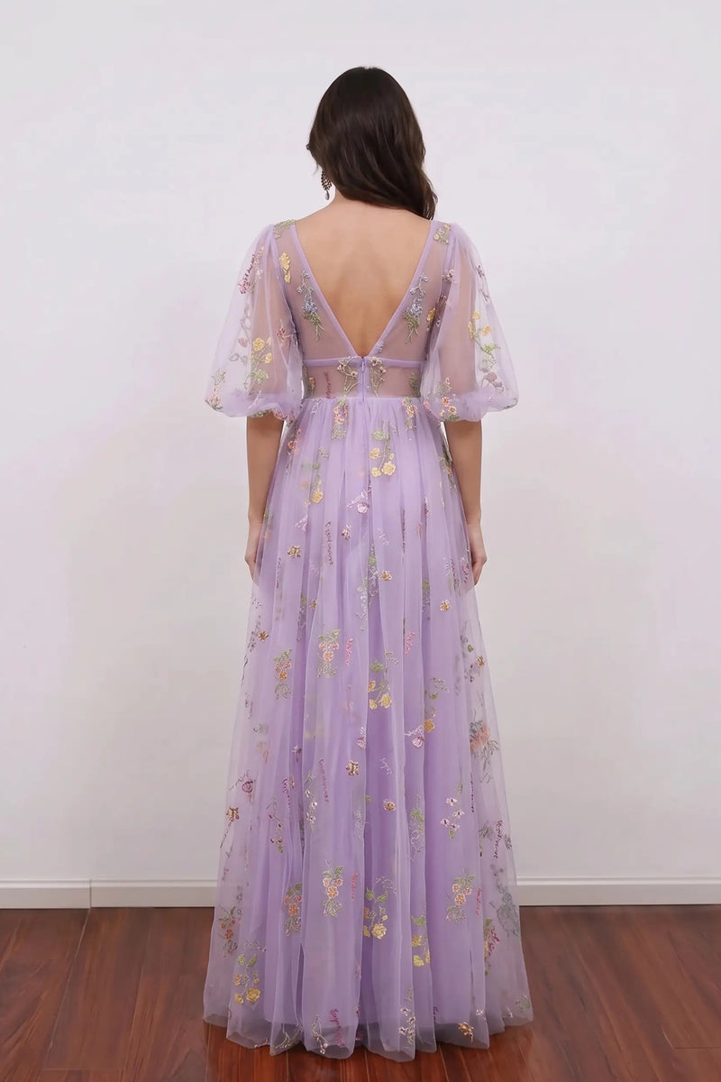 Lavender Prom Dress V-Neck Puff Sleeve Floral Tulle Party Gown-Pgmdress