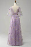 Lavender Prom Dress V-Neck Puff Sleeve Floral Tulle Party Gown-Pgmdress