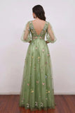 Lavender Prom Dress V-Neck Puff Sleeve Floral Tulle Party Gown-Pgmdress
