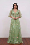 Lavender Prom Dress V-Neck Puff Sleeve Floral Tulle Party Gown-Pgmdress