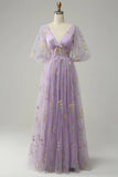 Lavender Prom Dress V-Neck Puff Sleeve Floral Tulle Party Gown-Pgmdress