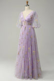 Lavender Prom Dress V-Neck Puff Sleeve Floral Tulle Party Gown-Pgmdress