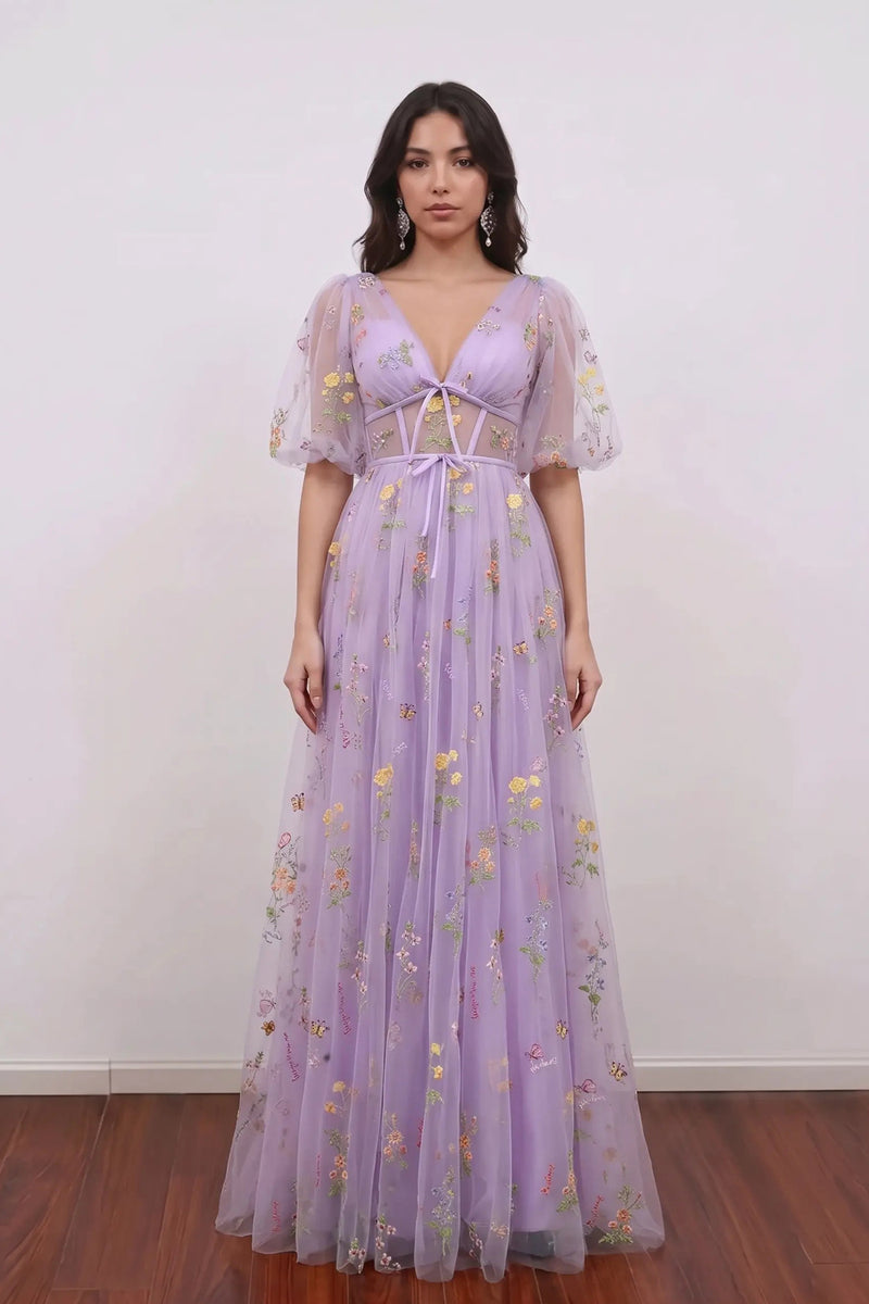 Lavender Prom Dress V-Neck Puff Sleeve Floral Tulle Party Gown-Pgmdress