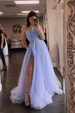 Lavender Tulle A-line Beaded Long Prom Dresses Party Dresses With Slit  PSK436