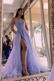 Lavender Tulle A-line Beaded Long Prom Dresses Party Dresses With Slit  PSK436-Pgmdress