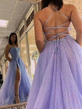 Lavender Tulle A-line Beaded Long Prom Dresses Party Dresses With Slit  PSK436-Pgmdress