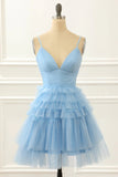 Light Blue A-Line Cute Short Homecoming Dress With Ruffles PD480