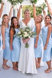 Light Blue Cowl Neck Straps Calf-Length Bridesmaid Dress  BD113