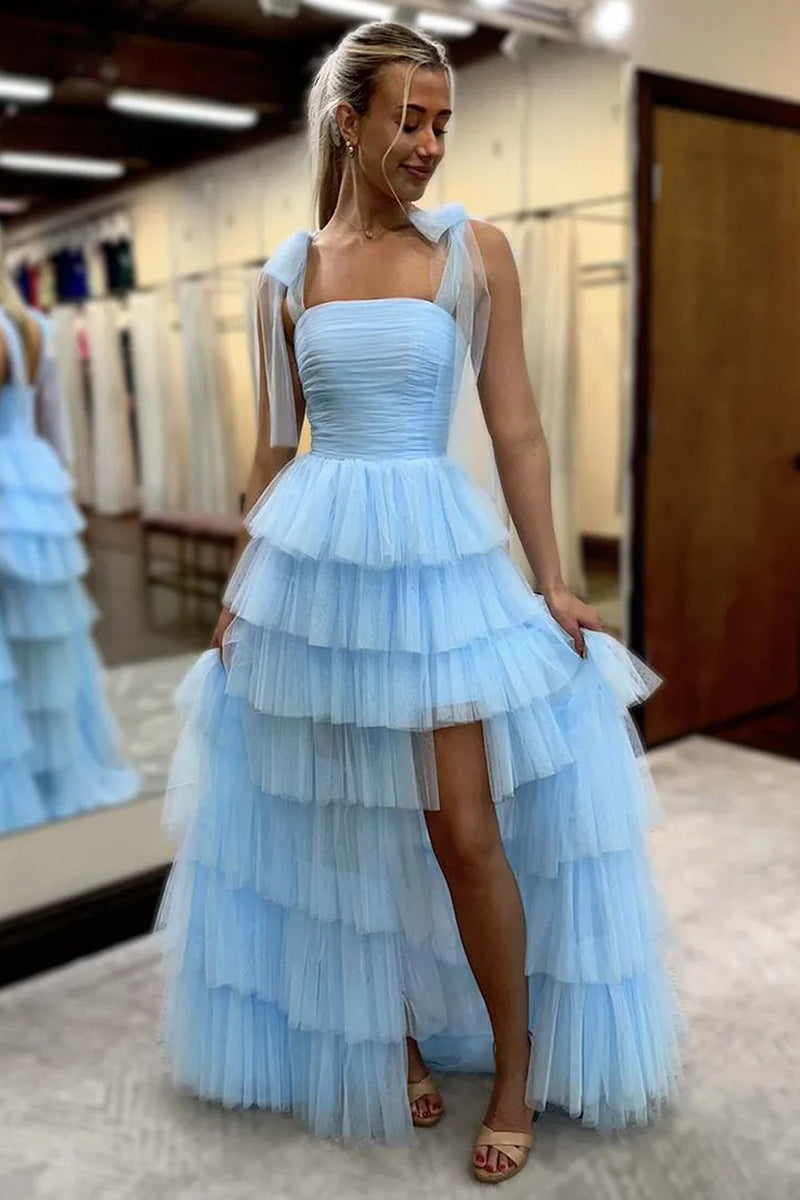 Light Blue Pleated Ruffle Split Long Prom Dress with Bow Tie Straps-Pgmdress