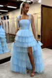 Light Blue Pleated Ruffle Split Long Prom Dress with Bow Tie Straps-Pgmdress