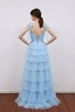 Light Blue Pleated Ruffle Split Long Prom Dress with Bow Tie Straps-Pgmdress