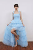 Light Blue Pleated Ruffle Split Long Prom Dress with Bow Tie Straps-Pgmdress