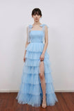 Light Blue Pleated Ruffle Split Long Prom Dress with Bow Tie Straps-Pgmdress