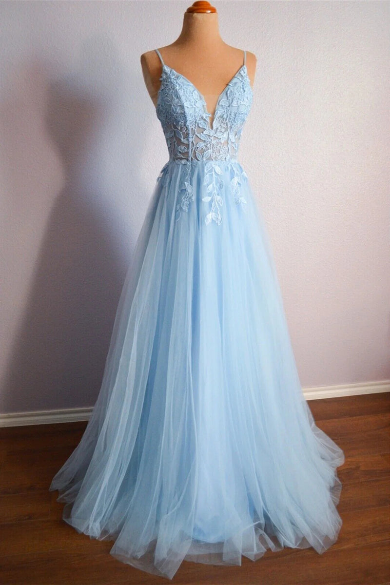 Light Blue V Neck Lace-Up Appliques Tulle Long Prom Dress Evening Dress  PSK439-Pgmdress