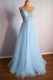 Light Blue V Neck Lace-Up Appliques Tulle Long Prom Dress Evening Dress  PSK439