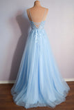 Light Blue V Neck Lace-Up Appliques Tulle Long Prom Dress Evening Dress  PSK439-Pgmdress