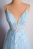 Light Blue V Neck Lace-Up Appliques Tulle Long Prom Dress Evening Dress  PSK439-Pgmdress