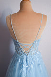 Light Blue V Neck Lace-Up Appliques Tulle Long Prom Dress Evening Dress  PSK439-Pgmdress