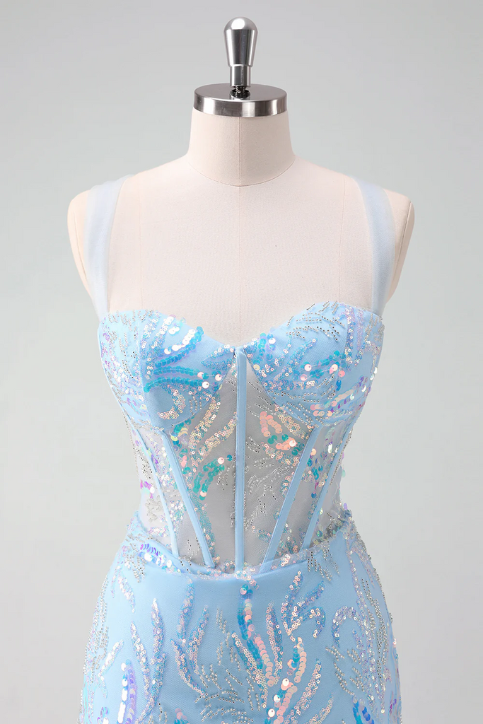 Robe de soirée moulante à broderies pailletées bleu clair PD562