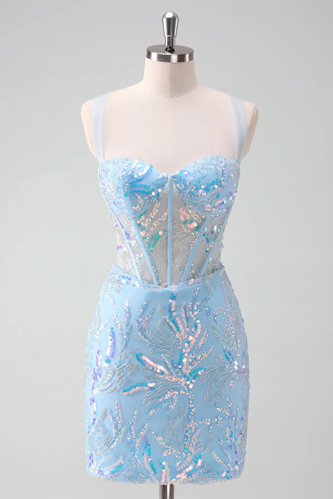 Light Blue Sequined Embroidery Tight Corset Homecoming Dress PD562-Pgmdress