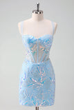 Light Blue Sequined Embroidery Tight Corset Homecoming Dress PD562-Pgmdress