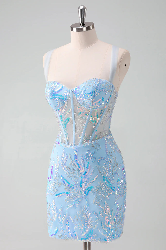Light Blue Sequined Embroidery Tight Corset Homecoming Dress PD562-Pgmdress