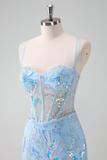 Robe de soirée moulante à broderies pailletées bleu clair PD562