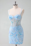 Light Blue Sequined Embroidery Tight Corset Homecoming Dress PD562-Pgmdress