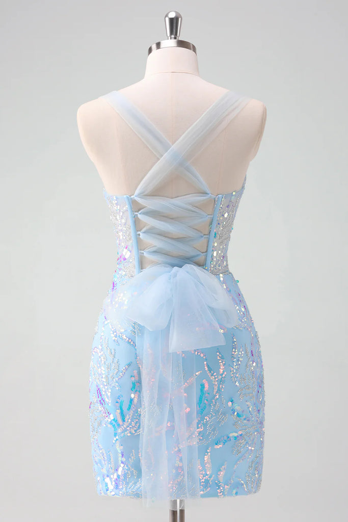 Light Blue Sequined Embroidery Tight Corset Homecoming Dress PD562-Pgmdress
