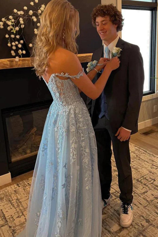 Light Blue Tulle Off Shoulder Long Prom Dresses With Lace Appliques Pgmdress