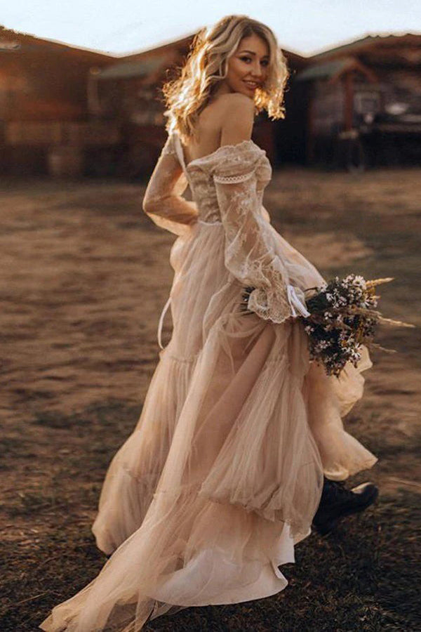 Light Brown Long Sleeve Boho Wedding Dress Rustic Wedding Dress WD741-Pgmdress