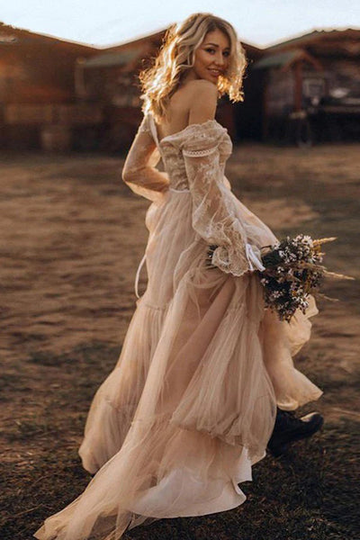 Light Brown Long Sleeve Boho Wedding Dress Rustic Wedding Dress WD741 US2 / Custom Color Light Brown Long Sleeve Boho Wedding Dress Rustic Wedding Dress WD741 US2 / Custom Color