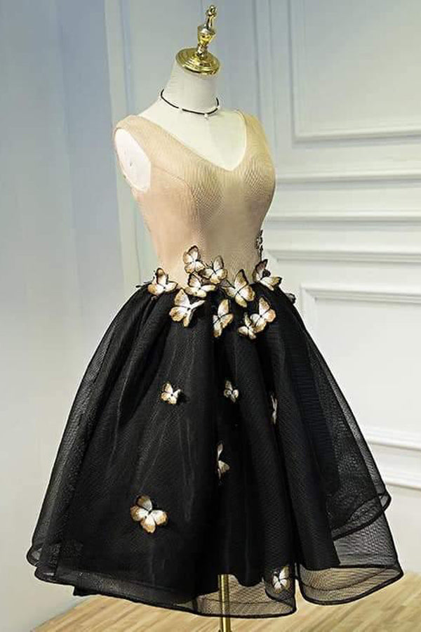 Little Black Homecoming Dress Butterfly V-neck Short Prom Dress  PD397-Pgmdress